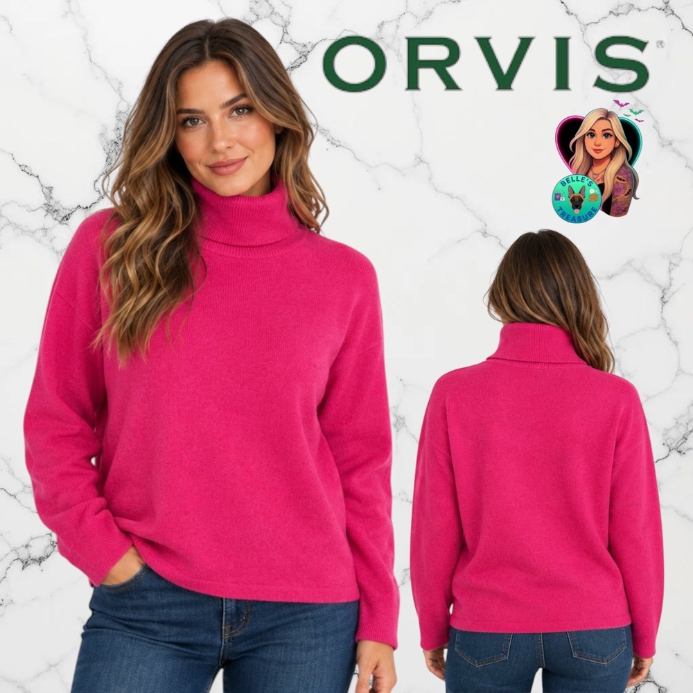 Orvis Women's XL Hot Pink Turtleneck Knit Sweater Long Sleeve 100% Cashmere Top